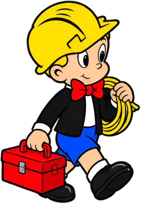 Richie, the Richie Rich Electrical character, on his way with toolbox and cable